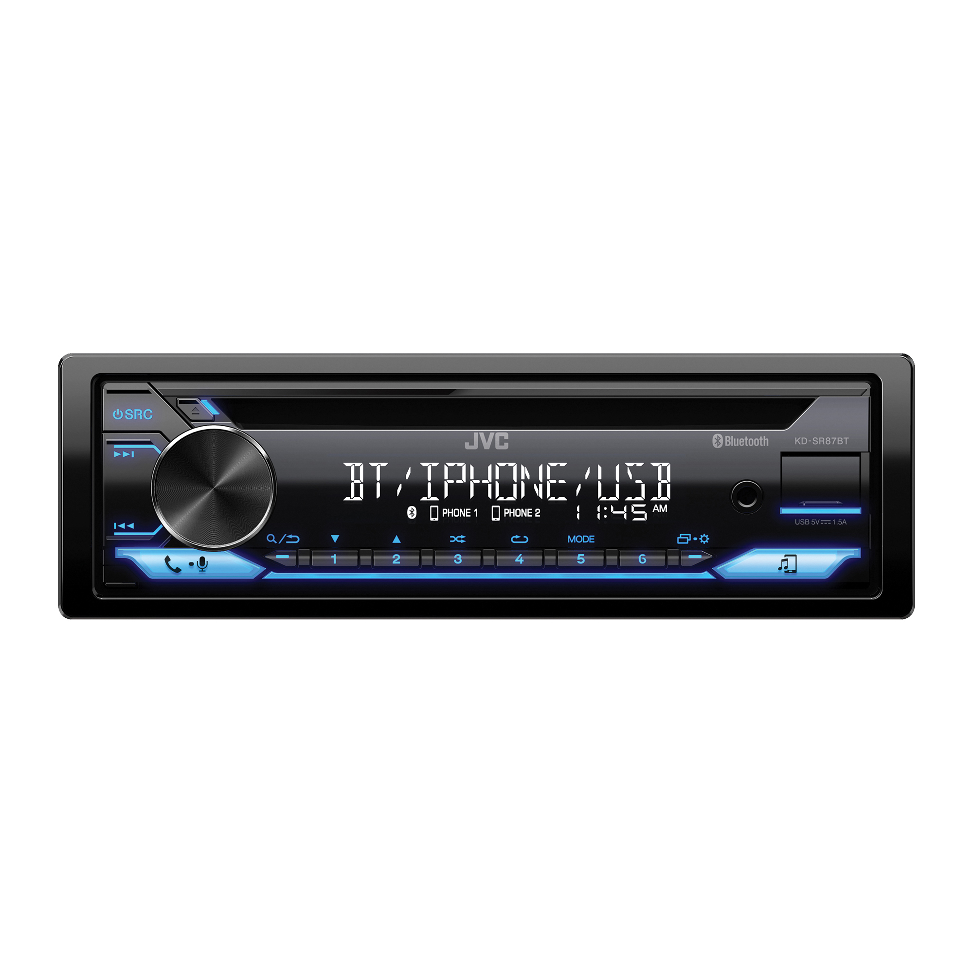 JVC Single-DIN Car In-Dash CD Receiver — Bluetooth, USB Connectivity, LCD Display, Model# KD-SR87BT